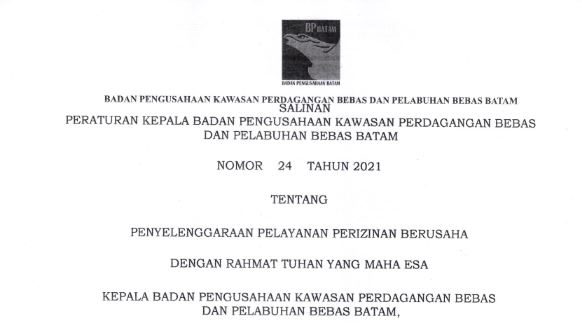 Peraturan Kepala Badan Pengusahaan Batam Nomor 24 Tahun 2021