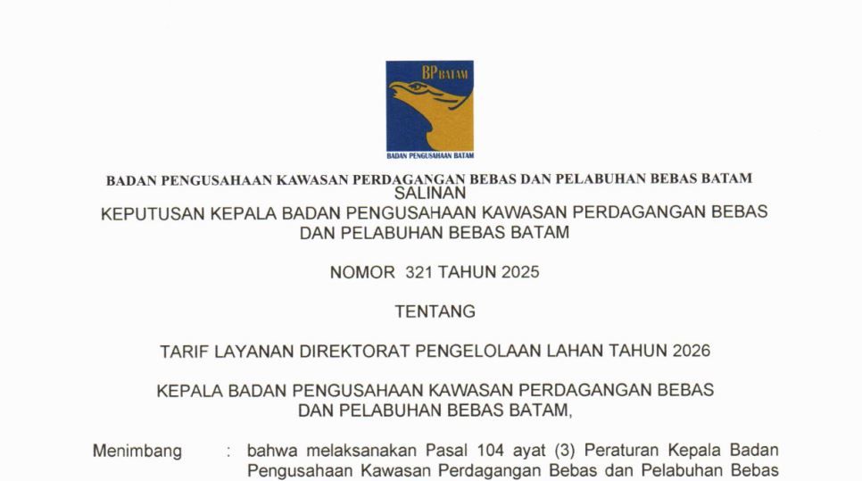 Keputusan Kepala BP Batam Nomor 321 Tahun 2025